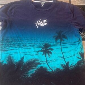 Hollister Men's Navy and Teal Palm Tree Tee